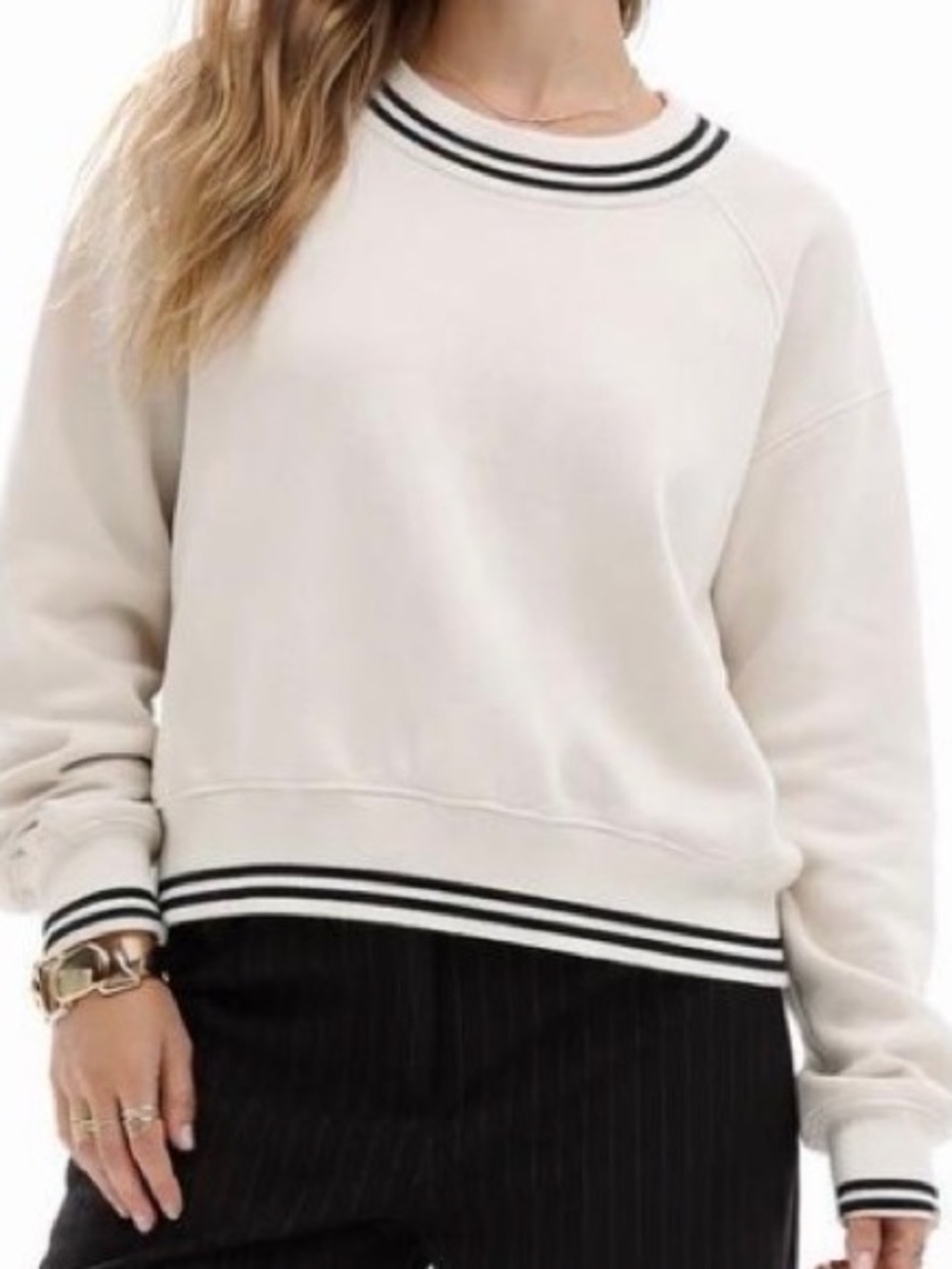 Abercrombie & Fitch Cream Crewneck Sweater with Black Stripe Trim women
